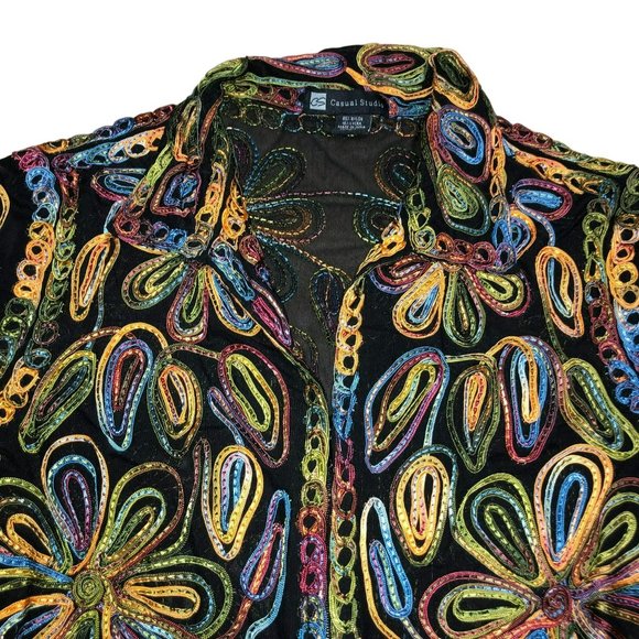 CASUAL STUDIO EMBROIDERED BLAZER JACKET SZ L BLACK ORANGE EMBROIDERED WOMENS - Picture 3 of 5